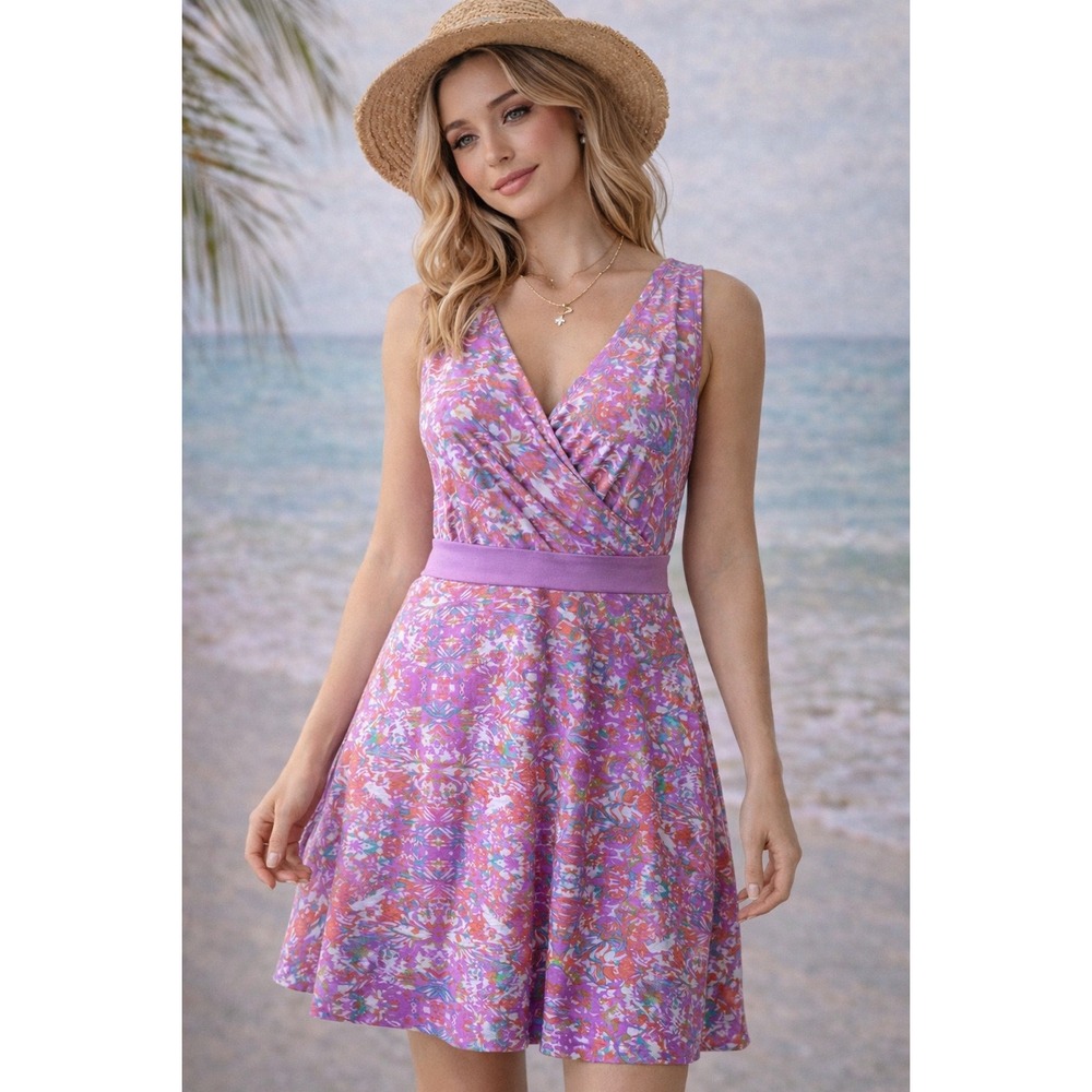 Soybu Pink Purple Print Wrap Dress‎ Sleeveless Fit Flare XL Travel/no wrinkle